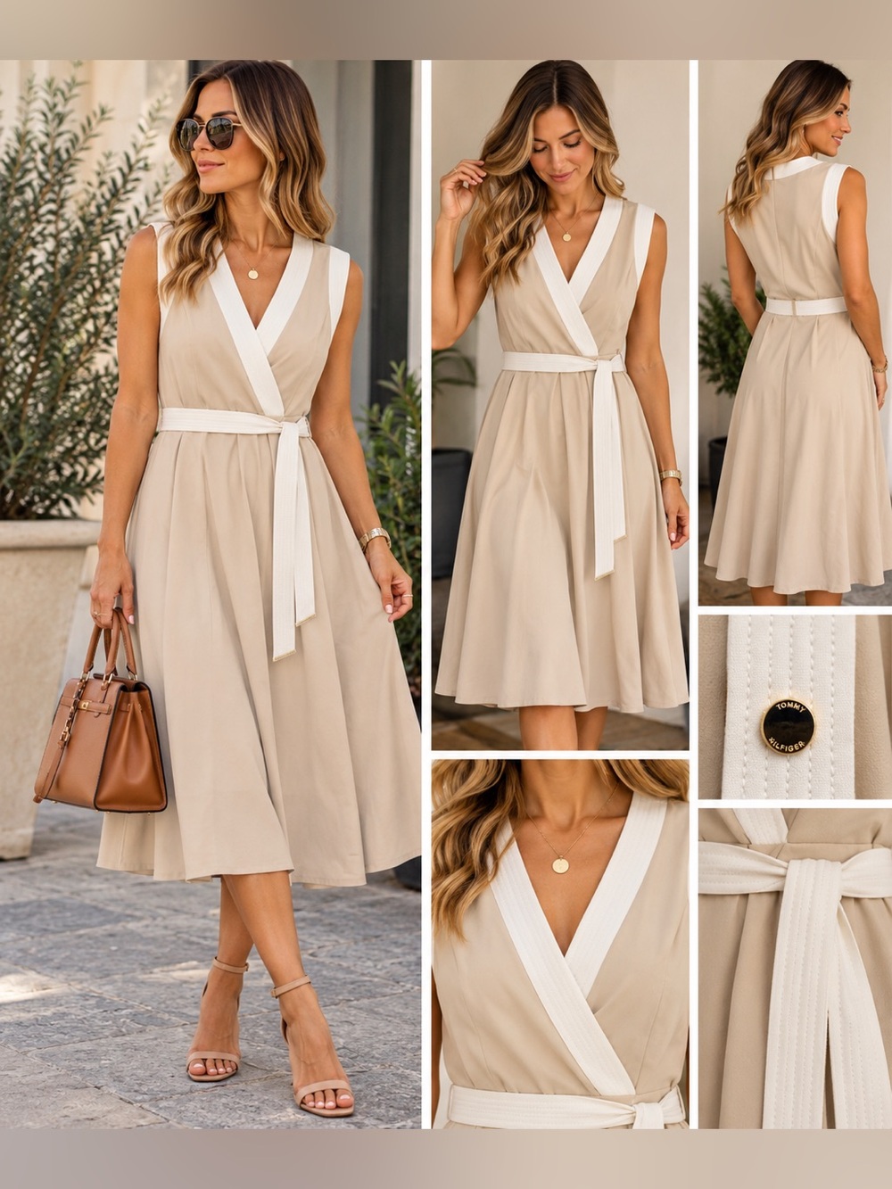 Tommy Hilfiger NWT Beige & White Belted Midi Dress Size 14 $119